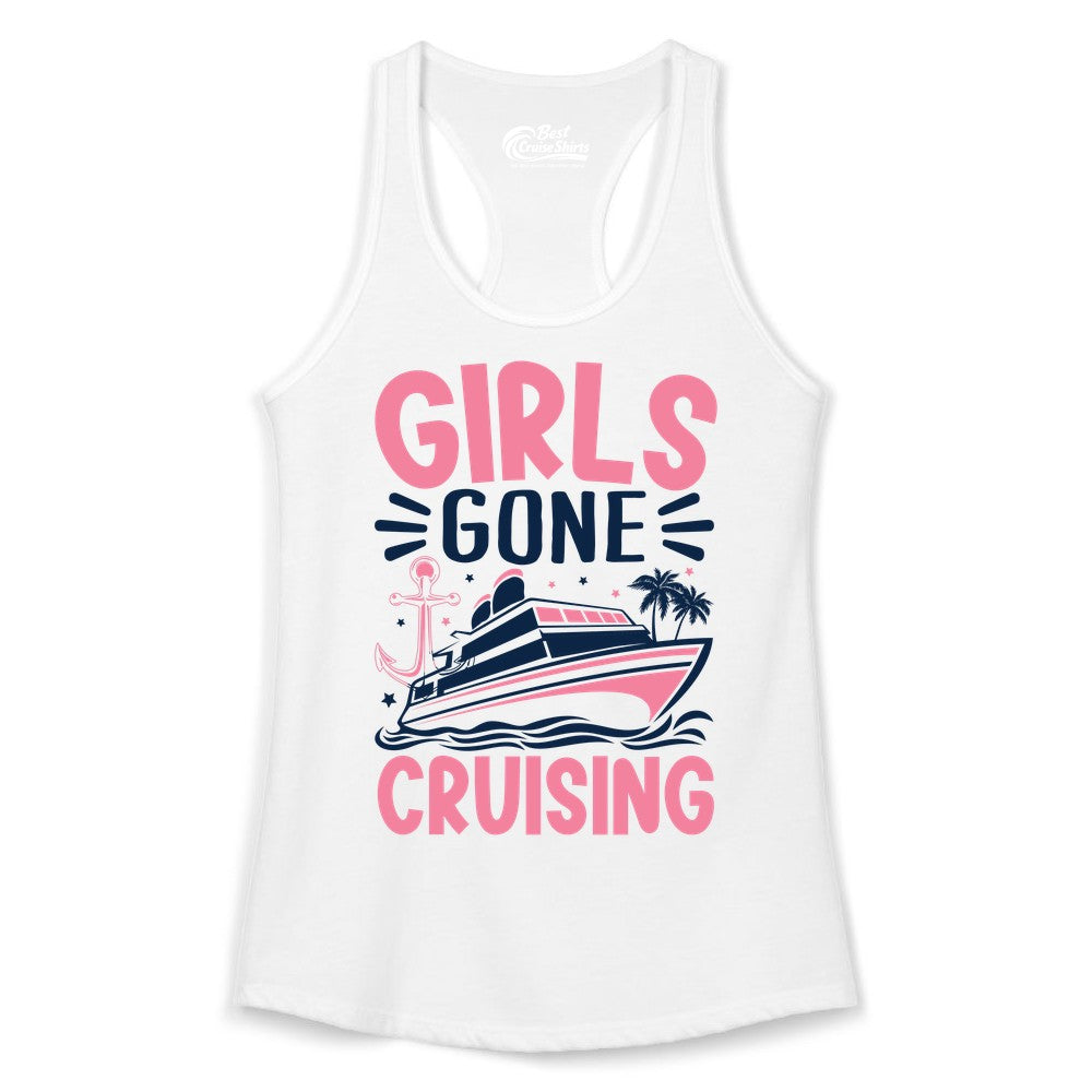Girls Cruise Shirt - Fun Cruise Girls Trip Tee for Group Getaways (Ladies Tank) in White - Girls Gone Cruising Tropical Pink Group Cruise Adventure Shirt