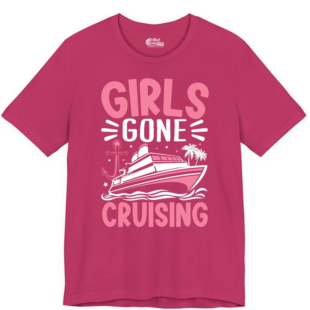 Girls Cruise Shirt - Fun Cruise Girls Trip Tee for Group Getaways (Premium Tee) in Berry - Girls Gone Cruising Tropical Pink Group Cruise Adventure Shirt