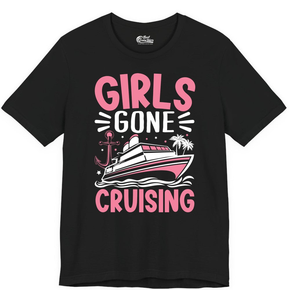 Girls Cruise Shirt - Fun Cruise Girls Trip Tee for Group Getaways (Premium Tee) in Black - Girls Gone Cruising Tropical Pink Group Cruise Adventure Shirt