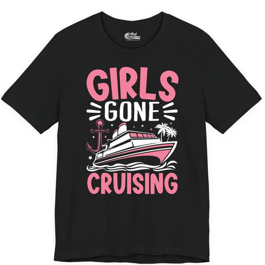 Girls Cruise Shirt - Fun Cruise Girls Trip Tee for Group Getaways (Premium Tee) in Black - Girls Gone Cruising Tropical Pink Group Cruise Adventure Shirt