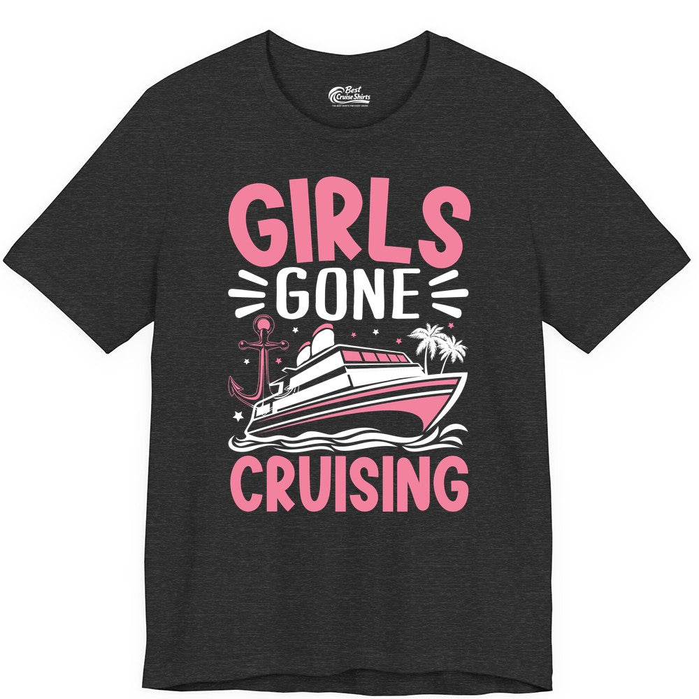 Girls Cruise Shirt - Fun Cruise Girls Trip Tee for Group Getaways (Premium Tee) in Dark Grey Heather - Girls Gone Cruising Tropical Pink Group Cruise Adventure Shirt