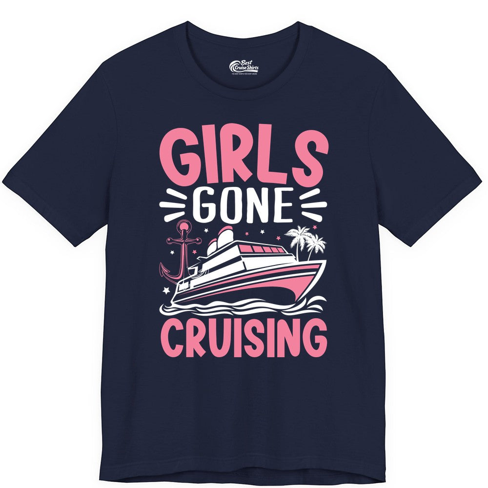 Girls Cruise Shirt - Fun Cruise Girls Trip Tee for Group Getaways (Premium Tee) in Navy - Girls Gone Cruising Tropical Pink Group Cruise Adventure Shirt