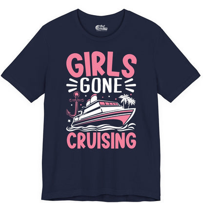 Girls Cruise Shirt - Fun Cruise Girls Trip Tee for Group Getaways (Premium Tee) in Navy - Girls Gone Cruising Tropical Pink Group Cruise Adventure Shirt