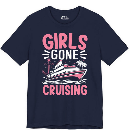 Girls Cruise Shirt - Fun Cruise Girls Trip Tee for Group Getaways (Premium Tee) in Navy - Girls Gone Cruising Tropical Pink Group Cruise Adventure Shirt