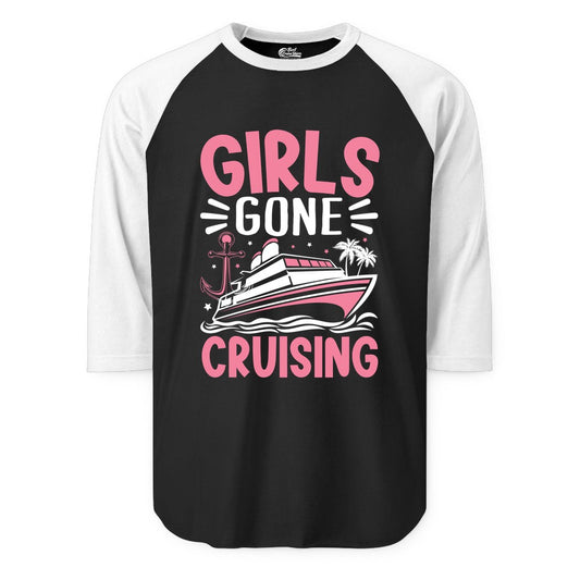 Girls Cruise Shirt - Fun Cruise Girls Trip Tee for Group Getaways (Raglan) in BlackWhite - Girls Gone Cruising Tropical Pink Group Cruise Adventure Shirt