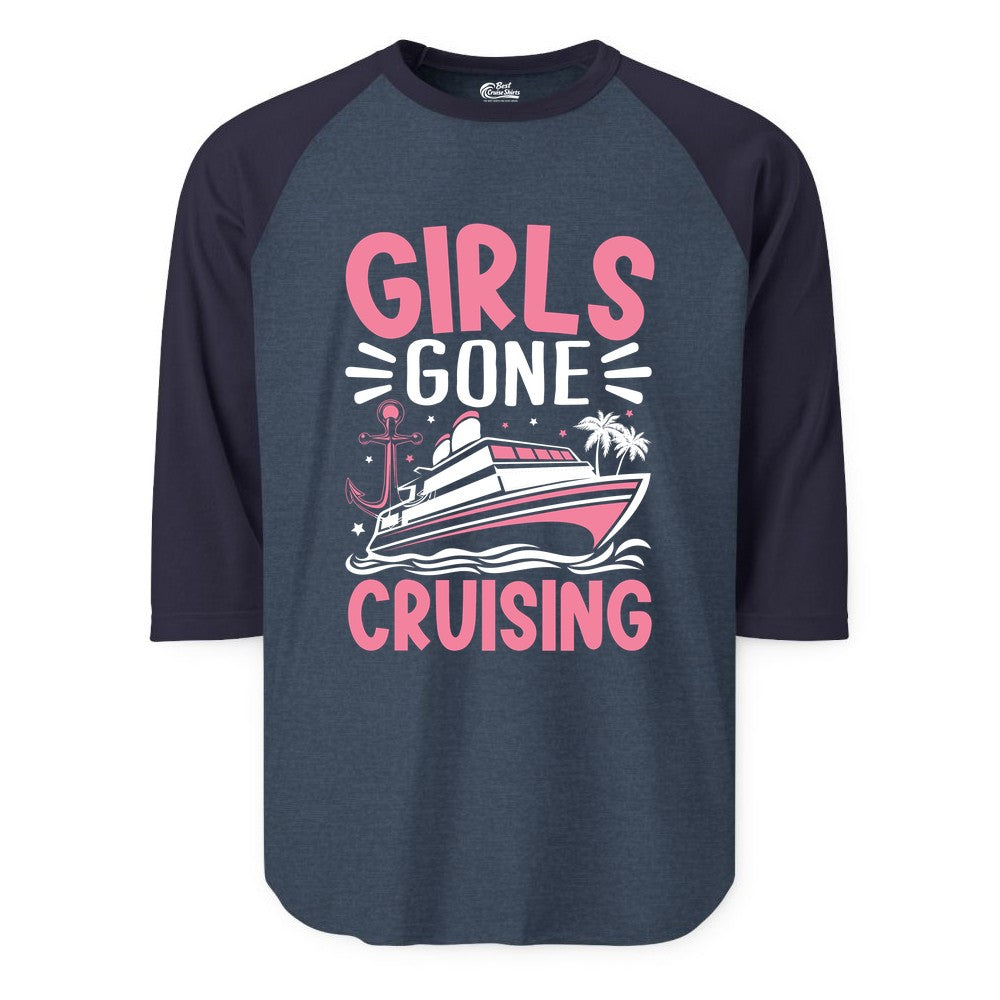 Girls Cruise Shirt - Fun Cruise Girls Trip Tee for Group Getaways (Raglan) in Heather DenimNavy - Girls Gone Cruising Tropical Pink Group Cruise Adventure Shirt