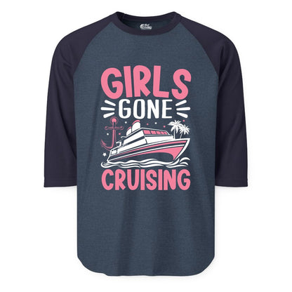 Girls Cruise Shirt - Fun Cruise Girls Trip Tee for Group Getaways (Raglan) in Heather DenimNavy - Girls Gone Cruising Tropical Pink Group Cruise Adventure Shirt