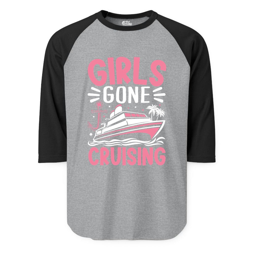 Girls Cruise Shirt - Fun Cruise Girls Trip Tee for Group Getaways (Raglan) in Heather GreyBlack - Girls Gone Cruising Tropical Pink Group Cruise Adventure Shirt