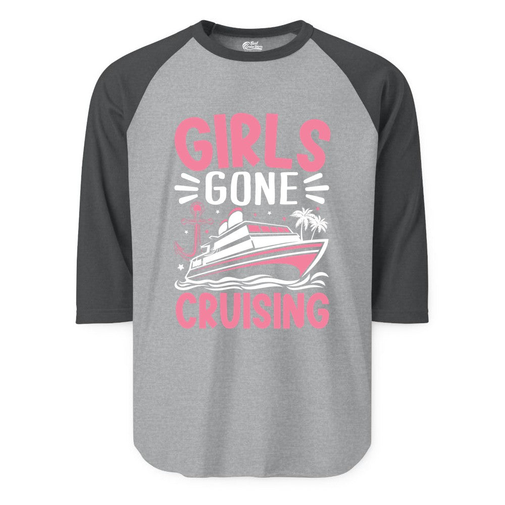 Girls Cruise Shirt - Fun Cruise Girls Trip Tee for Group Getaways (Raglan) in Heather GreyHeather Charcoal - Girls Gone Cruising Tropical Pink Group Cruise Adventure Shirt