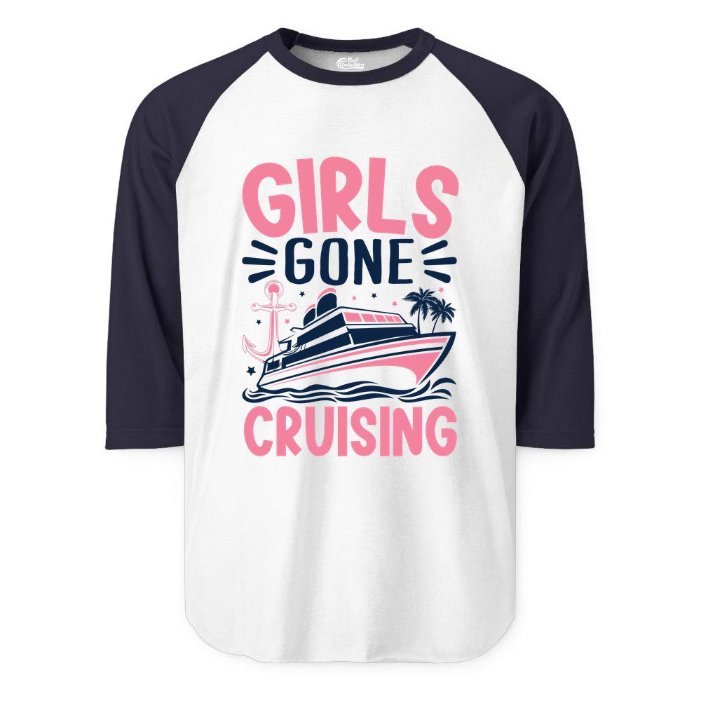 Girls Cruise Shirt - Fun Cruise Girls Trip Tee for Group Getaways (Raglan) in WhiteNavy - Girls Gone Cruising Tropical Pink Group Cruise Adventure Shirt