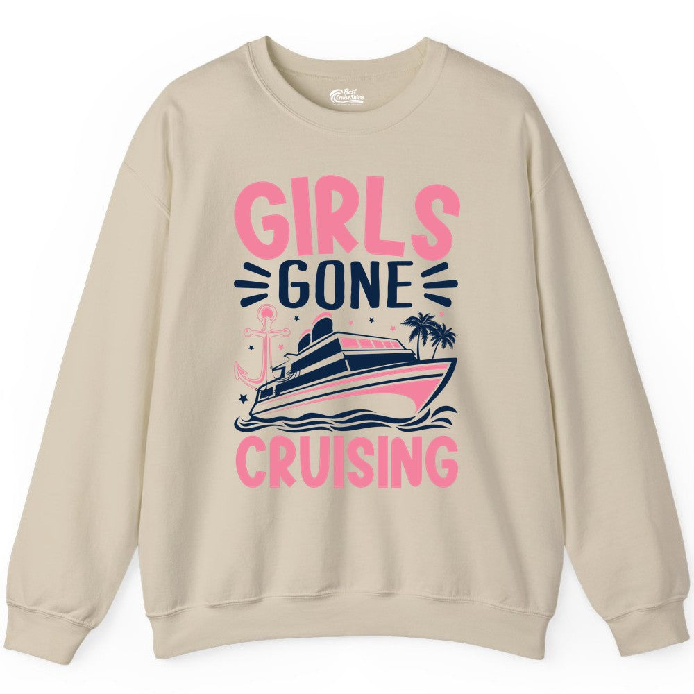 Girls Cruise Shirt - Fun Cruise Girls Trip Tee for Group Getaways (Sweatshirt) in Sand - Girls Gone Cruising Tropical Pink Group Cruise Adventure Shirt