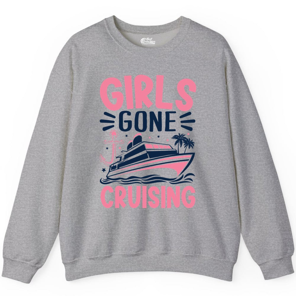 Girls Cruise Shirt - Fun Cruise Girls Trip Tee for Group Getaways (Sweatshirt) in Sport Grey - Girls Gone Cruising Tropical Pink Group Cruise Adventure Shirt