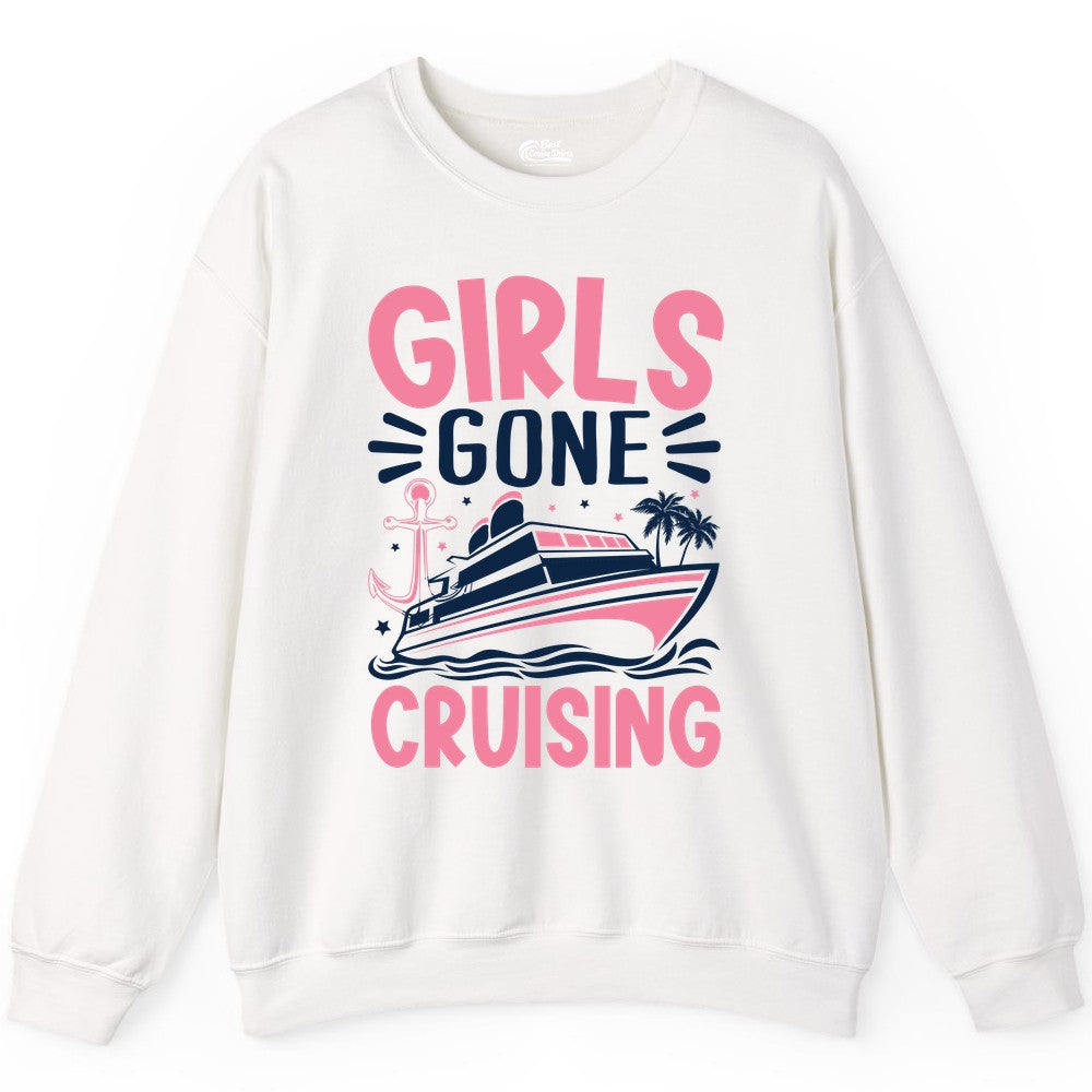 Girls Cruise Shirt - Fun Cruise Girls Trip Tee for Group Getaways (Sweatshirt) in White - Girls Gone Cruising Tropical Pink Group Cruise Adventure Shirt