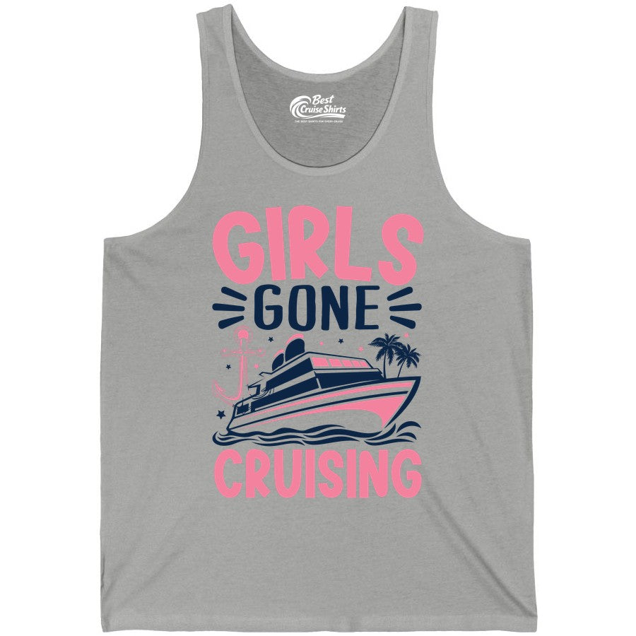 Girls Cruise Shirt - Fun Cruise Girls Trip Tee for Group Getaways (Tank Top) in Athletic Heather - Girls Gone Cruising Tropical Pink Group Cruise Adventure Shirt