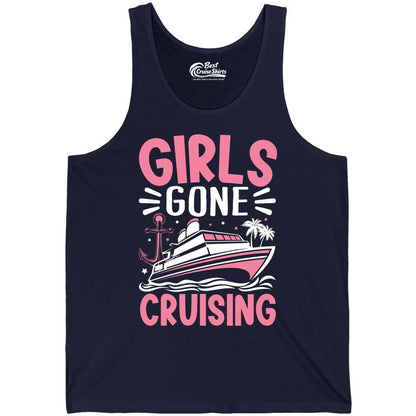 Girls Cruise Shirt - Fun Cruise Girls Trip Tee for Group Getaways (Tank Top) in Navy - Girls Gone Cruising Tropical Pink Group Cruise Adventure Shirt