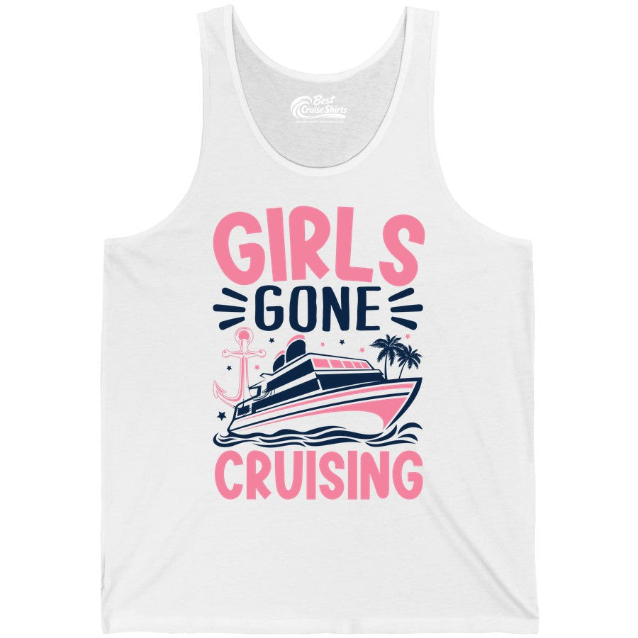 Girls Cruise Shirt - Fun Cruise Girls Trip Tee for Group Getaways (Tank Top) in White - Girls Gone Cruising Tropical Pink Group Cruise Adventure Shirt