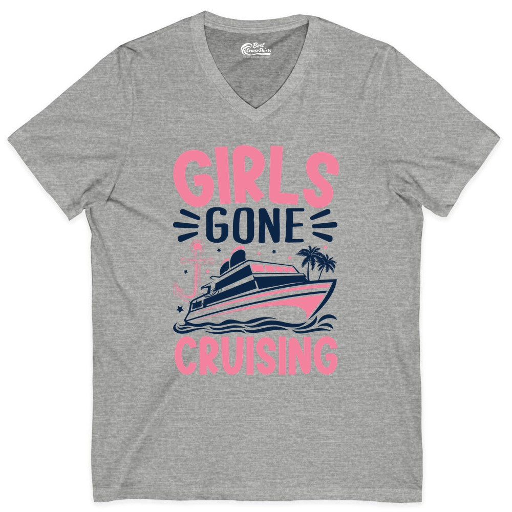 Girls Cruise Shirt - Fun Cruise Girls Trip Tee for Group Getaways (V-Neck) in Athletic Heather - Girls Gone Cruising Tropical Pink Group Cruise Adventure Shirt