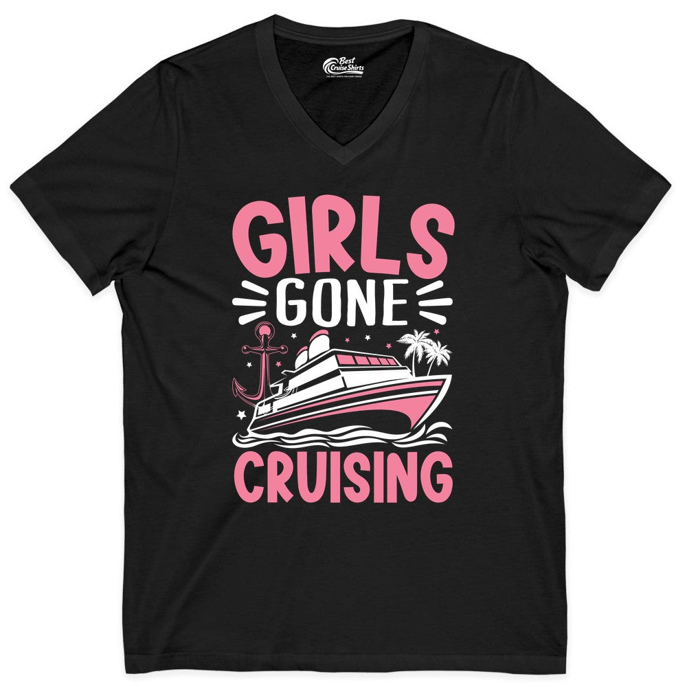 Girls Cruise Shirt - Fun Cruise Girls Trip Tee for Group Getaways (V-Neck) in Black - Girls Gone Cruising Tropical Pink Group Cruise Adventure Shirt