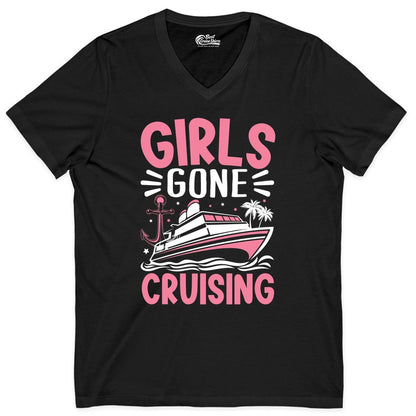 Girls Cruise Shirt - Fun Cruise Girls Trip Tee for Group Getaways (V-Neck) in Black - Girls Gone Cruising Tropical Pink Group Cruise Adventure Shirt