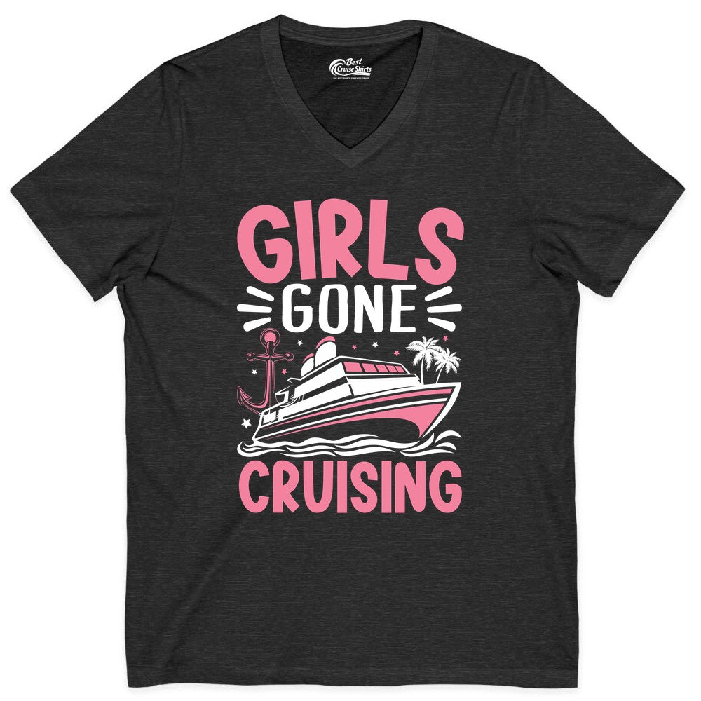 Girls Cruise Shirt - Fun Cruise Girls Trip Tee for Group Getaways (V-Neck) in Dark Grey Heather - Girls Gone Cruising Tropical Pink Group Cruise Adventure Shirt