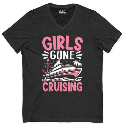 Girls Cruise Shirt - Fun Cruise Girls Trip Tee for Group Getaways (V-Neck) in Dark Grey Heather - Girls Gone Cruising Tropical Pink Group Cruise Adventure Shirt
