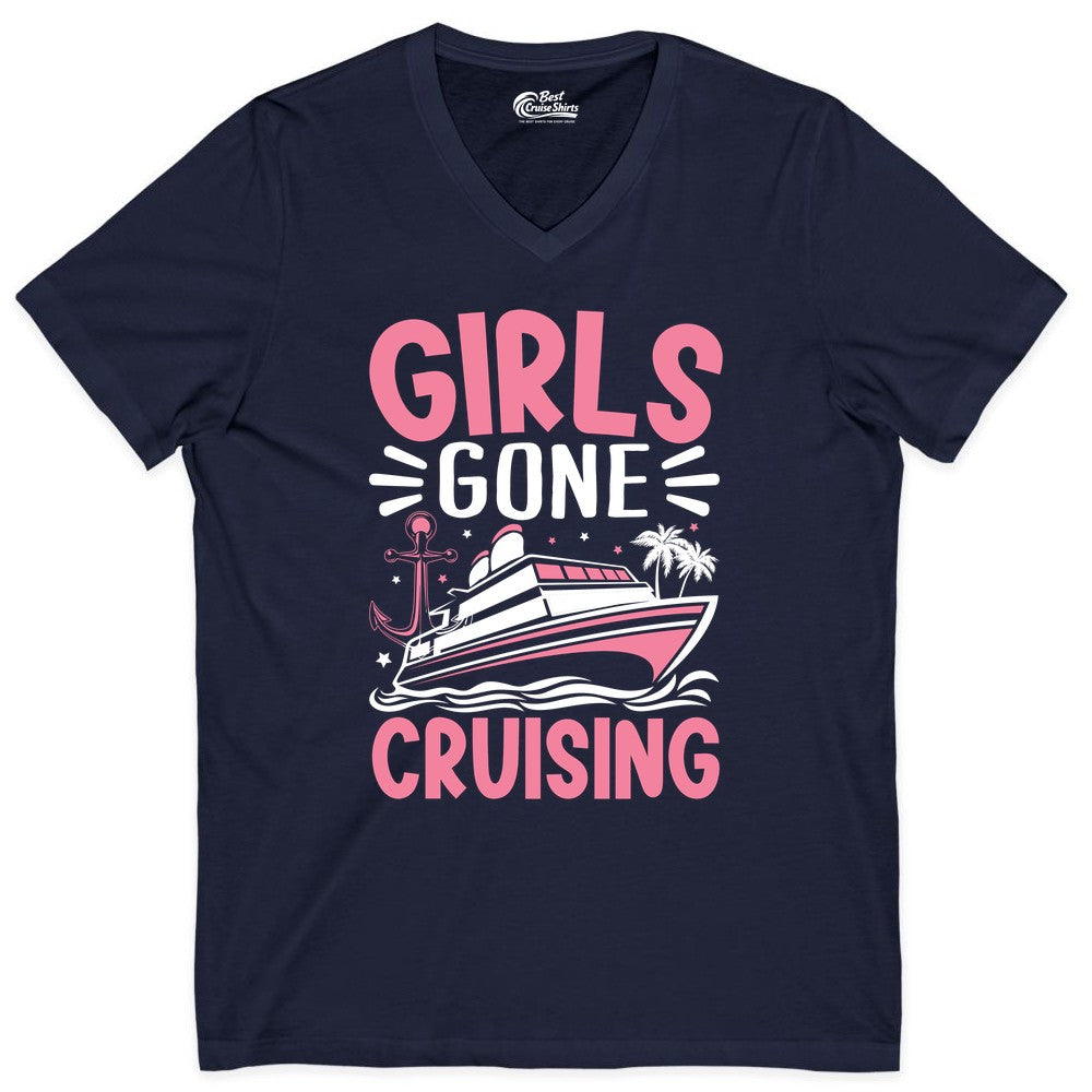 Girls Cruise Shirt - Fun Cruise Girls Trip Tee for Group Getaways (V-Neck) in Navy - Girls Gone Cruising Tropical Pink Group Cruise Adventure Shirt