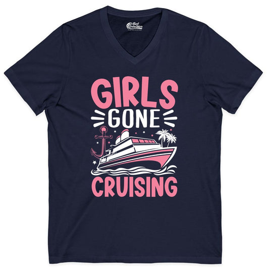 Girls Cruise Shirt - Fun Cruise Girls Trip Tee for Group Getaways (V-Neck) in Navy - Girls Gone Cruising Tropical Pink Group Cruise Adventure Shirt