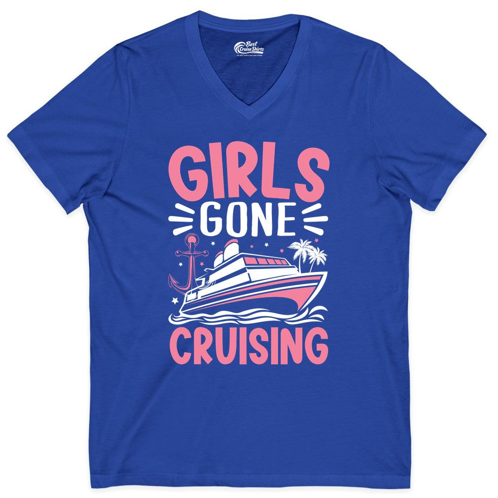 Girls Cruise Shirt - Fun Cruise Girls Trip Tee for Group Getaways (V-Neck) in True Royal - Girls Gone Cruising Tropical Pink Group Cruise Adventure Shirt