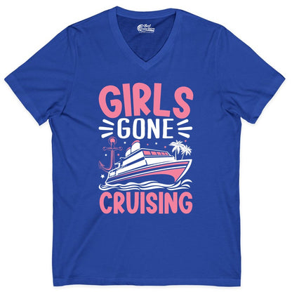 Girls Cruise Shirt - Fun Cruise Girls Trip Tee for Group Getaways (V-Neck) in True Royal - Girls Gone Cruising Tropical Pink Group Cruise Adventure Shirt