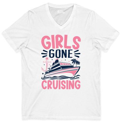 Girls Cruise Shirt - Fun Cruise Girls Trip Tee for Group Getaways (V-Neck) in White - Girls Gone Cruising Tropical Pink Group Cruise Adventure Shirt