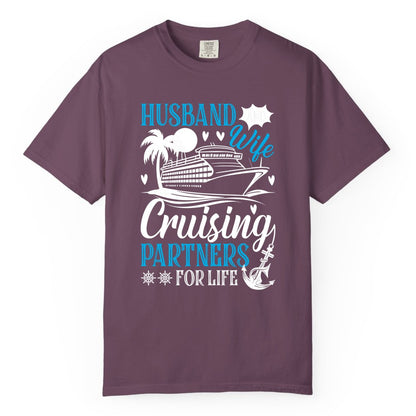 Husband Wife Cruising Shirt - Cruise Couple Romance Gift Apparel (Comfort Color) in Berry - Husband Wife Cruising Partners for Life Nautical Couple Shirt