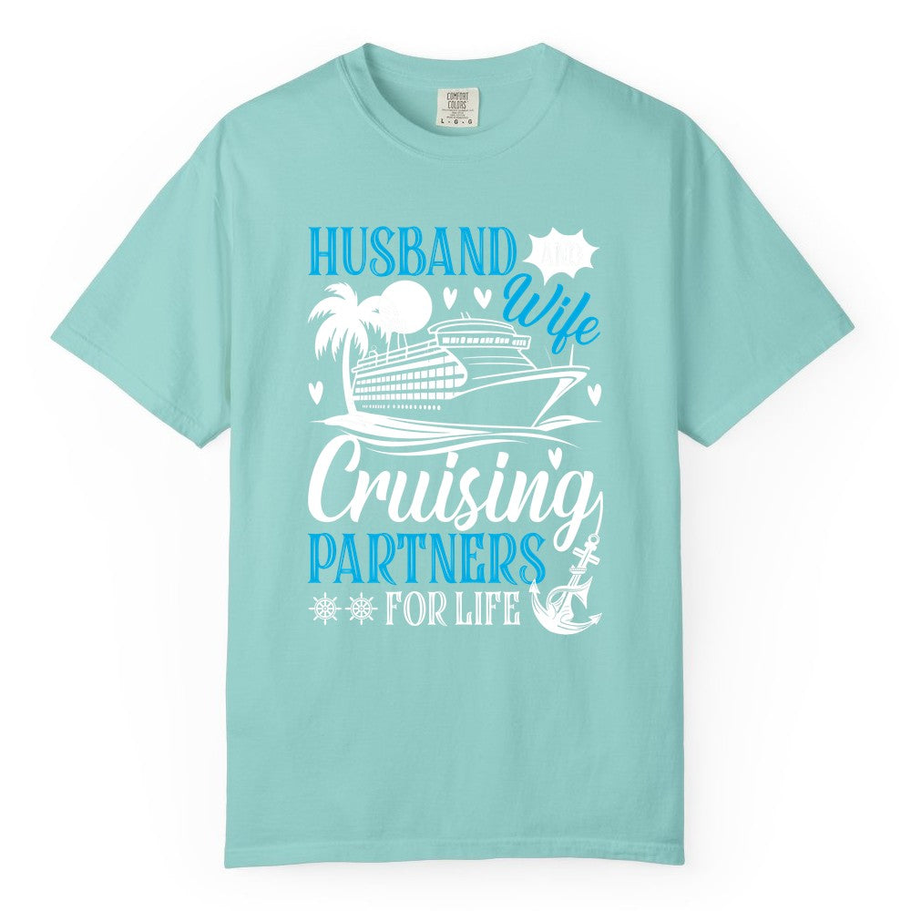 Husband Wife Cruising Shirt - Cruise Couple Romance Gift Apparel (Comfort Color) in Chalky Mint - Husband Wife Cruising Partners for Life Nautical Couple Shirt