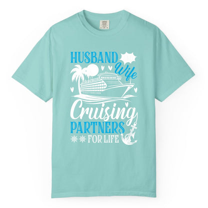 Husband Wife Cruising Shirt - Cruise Couple Romance Gift Apparel (Comfort Color) in Chalky Mint - Husband Wife Cruising Partners for Life Nautical Couple Shirt