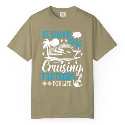 Husband Wife Cruising Shirt - Cruise Couple Romance Gift Apparel (Comfort Color) in Khaki - Husband Wife Cruising Partners for Life Nautical Couple Shirt