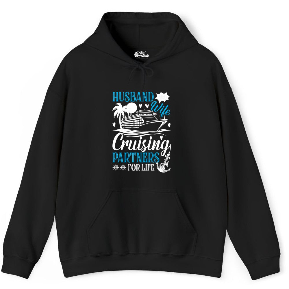 Husband Wife Cruising Shirt - Cruise Couple Romance Gift Apparel (Hoodie) in Black - Husband Wife Cruising Partners for Life Nautical Couple Shirt