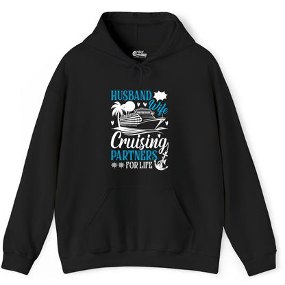 Husband Wife Cruising Shirt - Cruise Couple Romance Gift Apparel (Hoodie) in Black - Husband Wife Cruising Partners for Life Nautical Couple Shirt