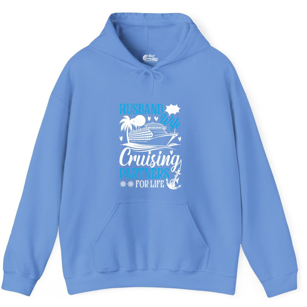 Husband Wife Cruising Shirt - Cruise Couple Romance Gift Apparel (Hoodie) in Carolina Blue - Husband Wife Cruising Partners for Life Nautical Couple Shirt