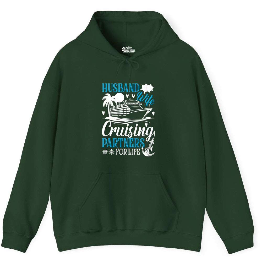 Husband Wife Cruising Shirt - Cruise Couple Romance Gift Apparel (Hoodie) in Forest Green - Husband Wife Cruising Partners for Life Nautical Couple Shirt
