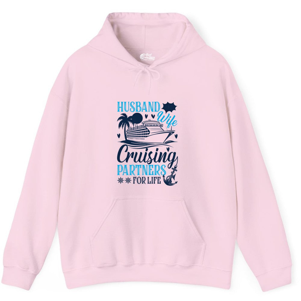 Husband Wife Cruising Shirt - Cruise Couple Romance Gift Apparel (Hoodie) in Light Pink - Husband Wife Cruising Partners for Life Nautical Couple Shirt
