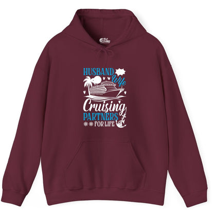 Husband Wife Cruising Shirt - Cruise Couple Romance Gift Apparel (Hoodie) in Maroon - Husband Wife Cruising Partners for Life Nautical Couple Shirt