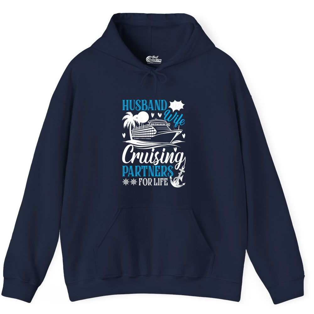 Husband Wife Cruising Shirt - Cruise Couple Romance Gift Apparel (Hoodie) in Navy - Husband Wife Cruising Partners for Life Nautical Couple Shirt