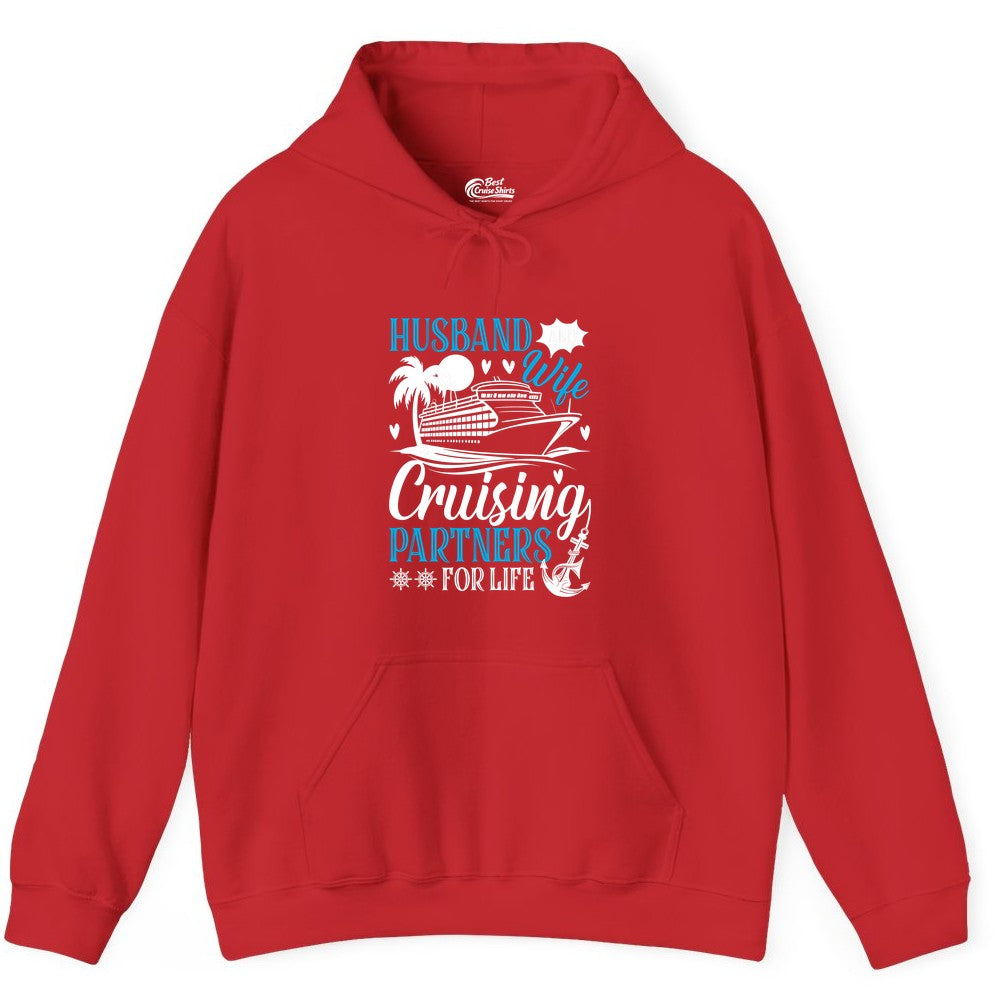 Husband Wife Cruising Shirt - Cruise Couple Romance Gift Apparel (Hoodie) in Red - Husband Wife Cruising Partners for Life Nautical Couple Shirt