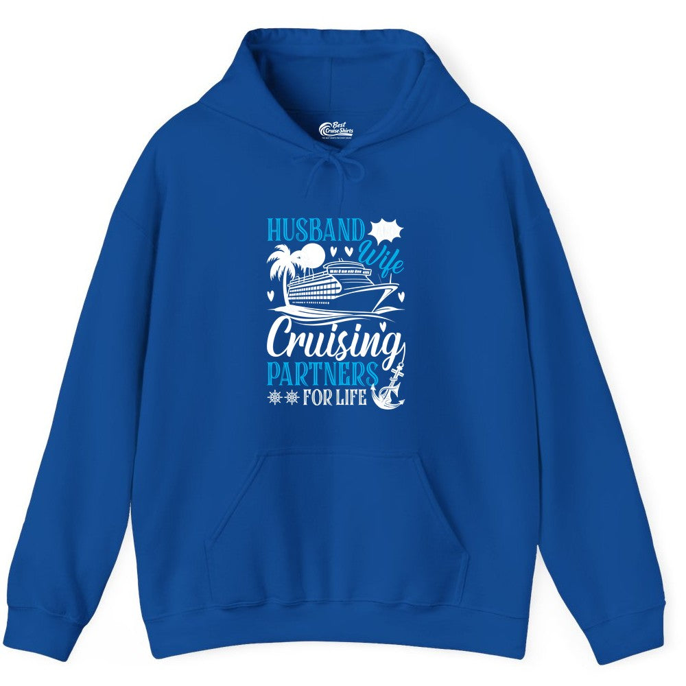Husband Wife Cruising Shirt - Cruise Couple Romance Gift Apparel (Hoodie) in Royal - Husband Wife Cruising Partners for Life Nautical Couple Shirt