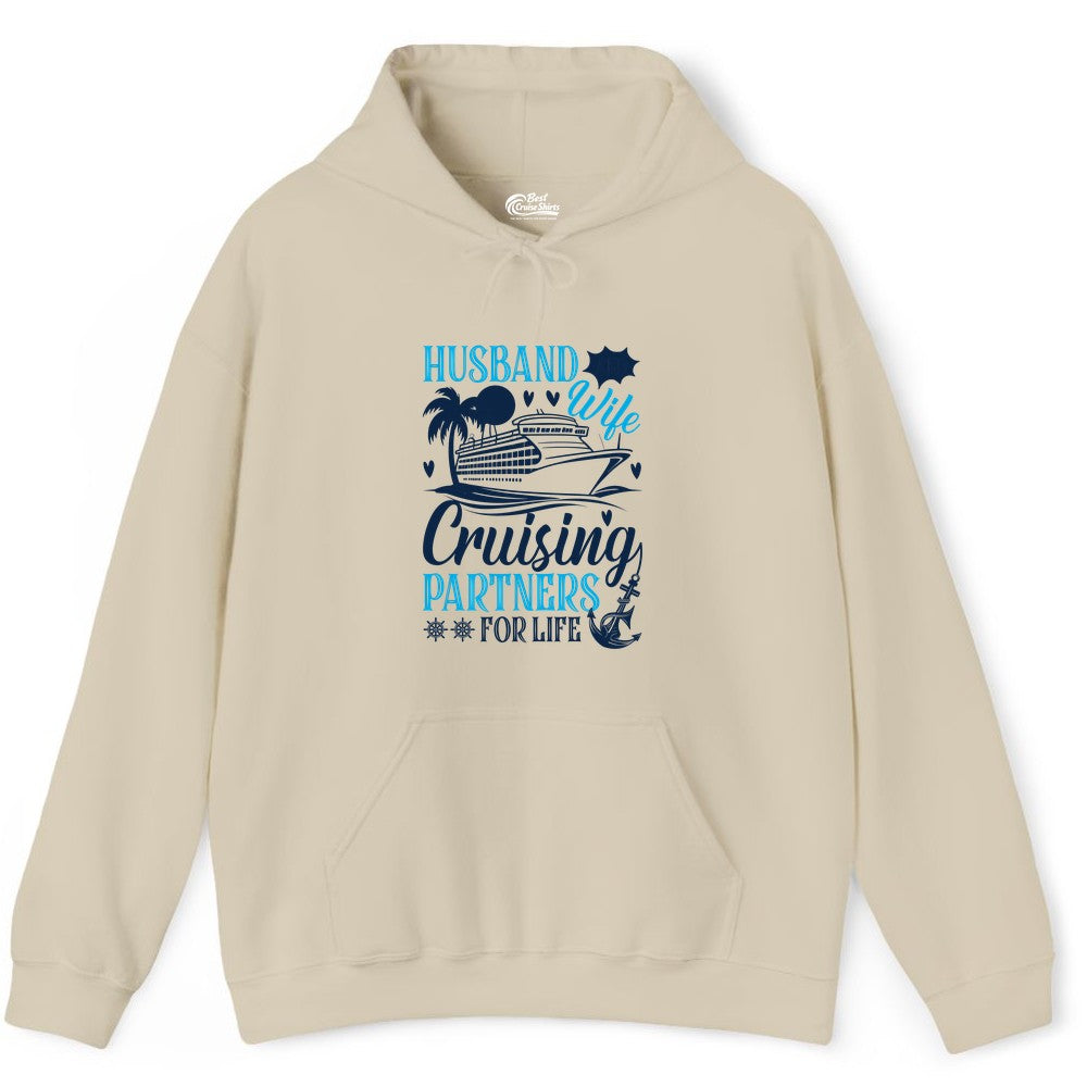 Husband Wife Cruising Shirt - Cruise Couple Romance Gift Apparel (Hoodie) in Sand - Husband Wife Cruising Partners for Life Nautical Couple Shirt