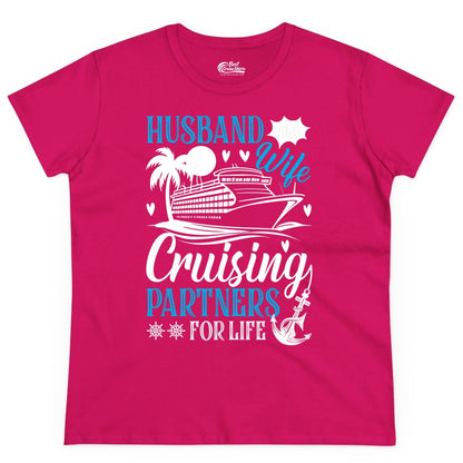 Husband Wife Cruising Shirt - Cruise Couple Romance Gift Apparel (Ladies Tee) in Heliconia - Husband Wife Cruising Partners for Life Nautical Couple Shirt