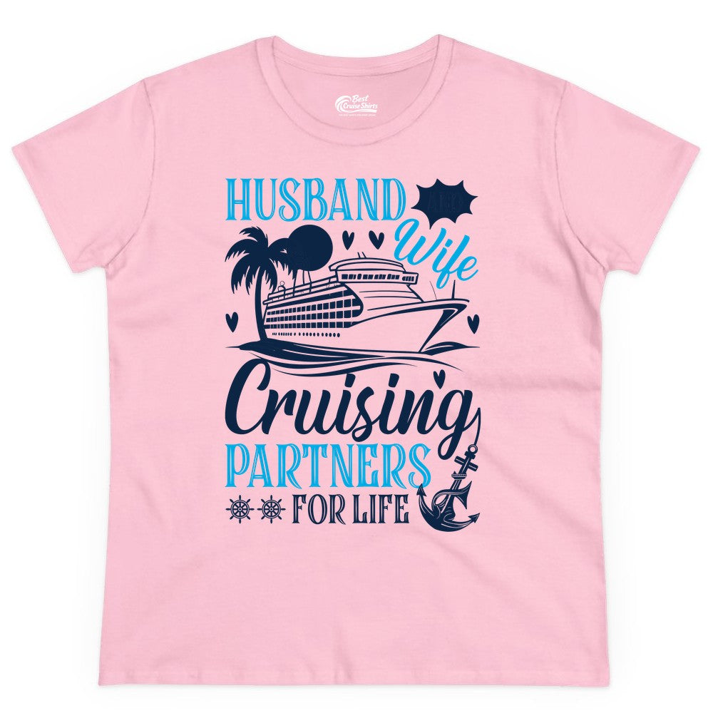 Husband Wife Cruising Shirt - Cruise Couple Romance Gift Apparel (Ladies Tee) in Light Pink - Husband Wife Cruising Partners for Life Nautical Couple Shirt