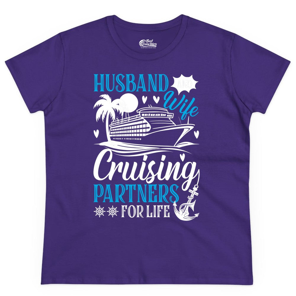Husband Wife Cruising Shirt - Cruise Couple Romance Gift Apparel (Ladies Tee) in Purple - Husband Wife Cruising Partners for Life Nautical Couple Shirt