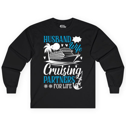 Husband Wife Cruising Shirt - Cruise Couple Romance Gift Apparel (Long Sleeve) in Black - Husband Wife Cruising Partners for Life Nautical Couple Shirt