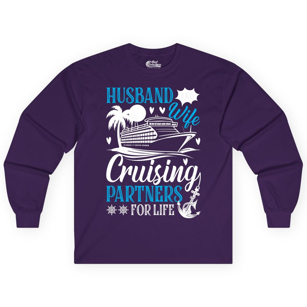 Husband Wife Cruising Shirt - Cruise Couple Romance Gift Apparel (Long Sleeve) in Purple - Husband Wife Cruising Partners for Life Nautical Couple Shirt
