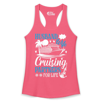 Husband Wife Cruising Shirt - Cruise Couple Romance Gift Apparel (Ladies Tank) in Hot Pink - Husband Wife Cruising Partners for Life Nautical Couple Shirt